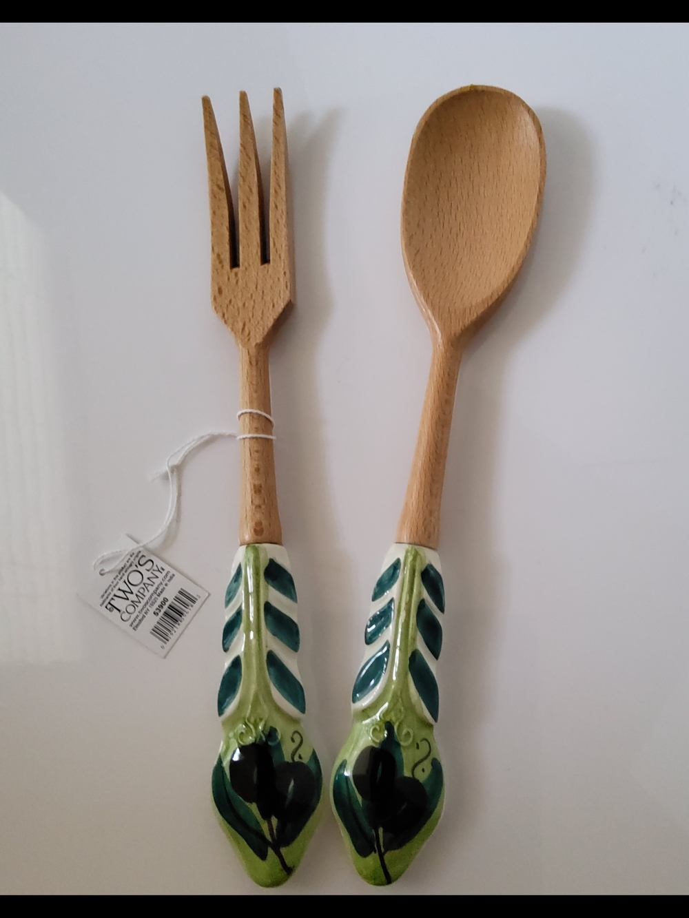 Two's Company Green Hand-Painted Ceramic Handle Wooden Serving Spoon & Fork